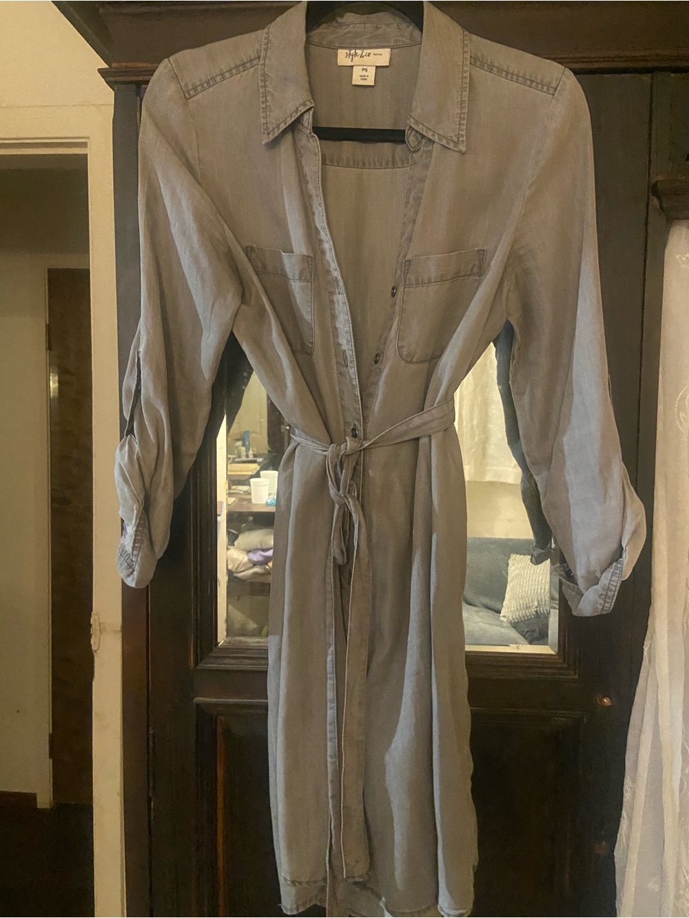 Light grey Wash Denim like Shirt Dress with Tie Waist